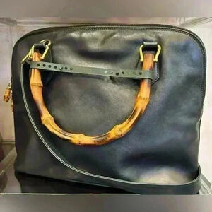 Vintage Authentic Gucci Dark Green Leather Shoulder Bag with Bamboo Handles